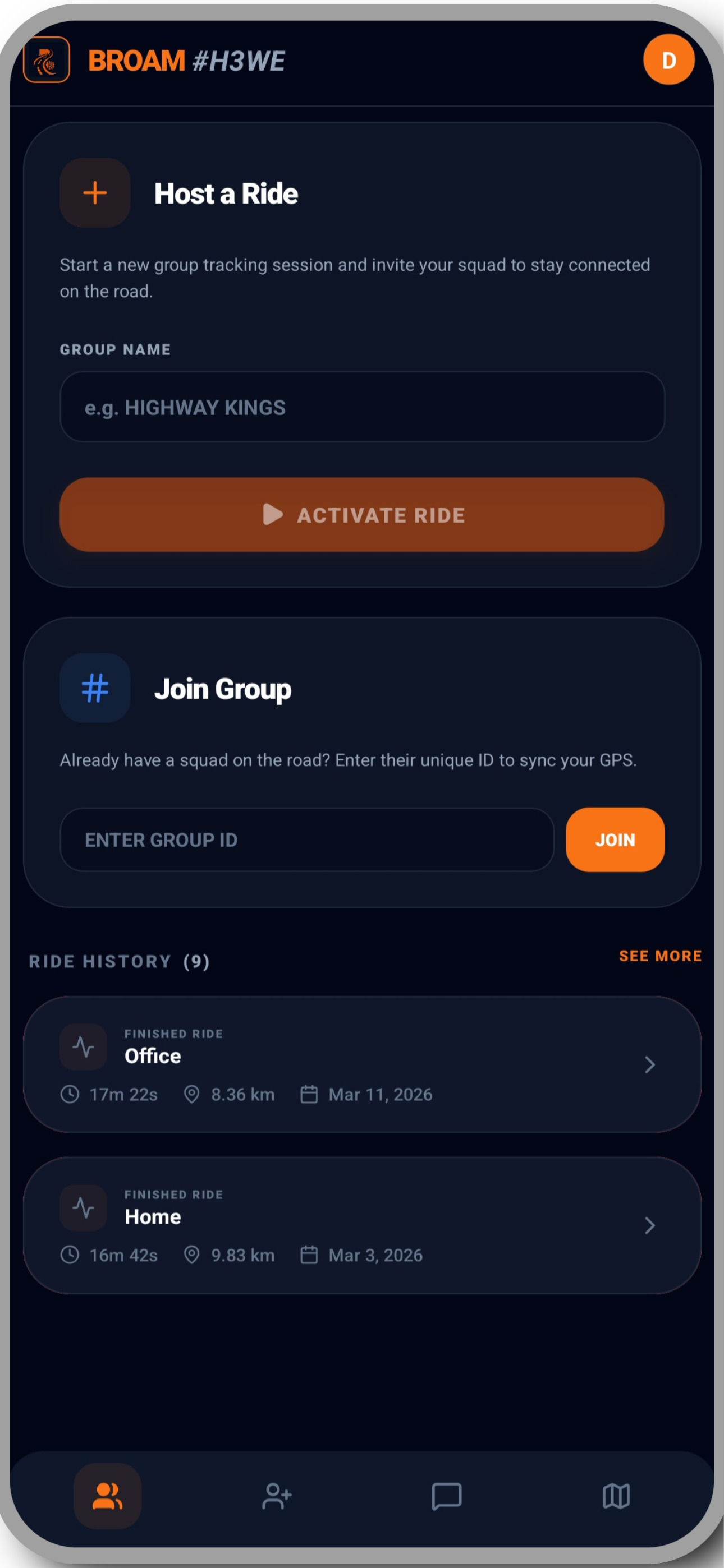 BROAM App - Host or Join a Biking Squad